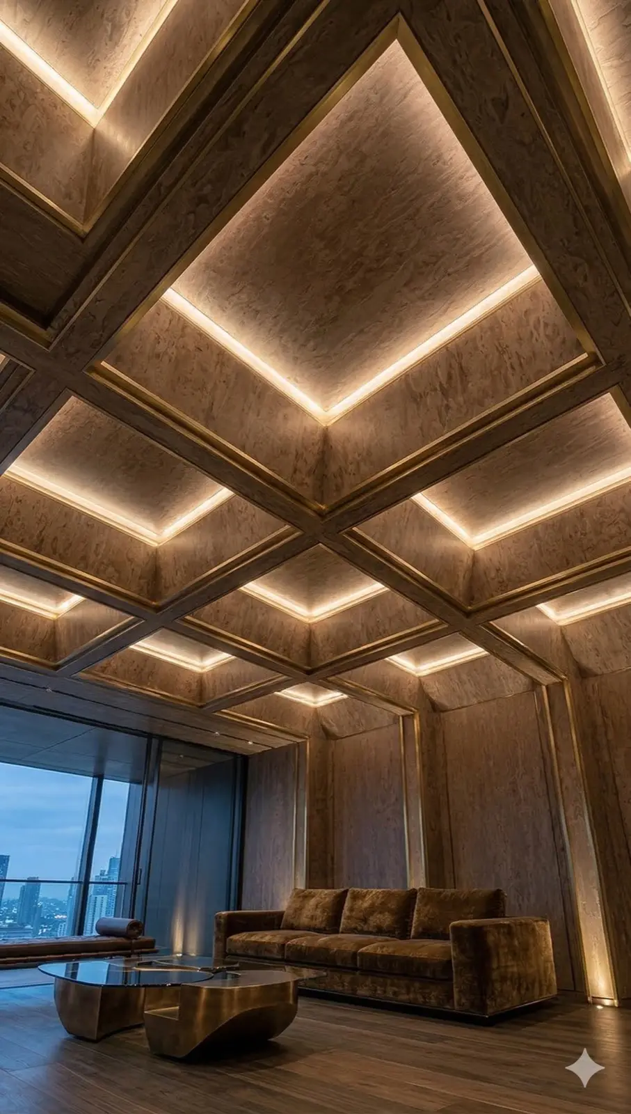 Plafon coffered Lamina Veneer seri Burl dengan pencahayaan hangat