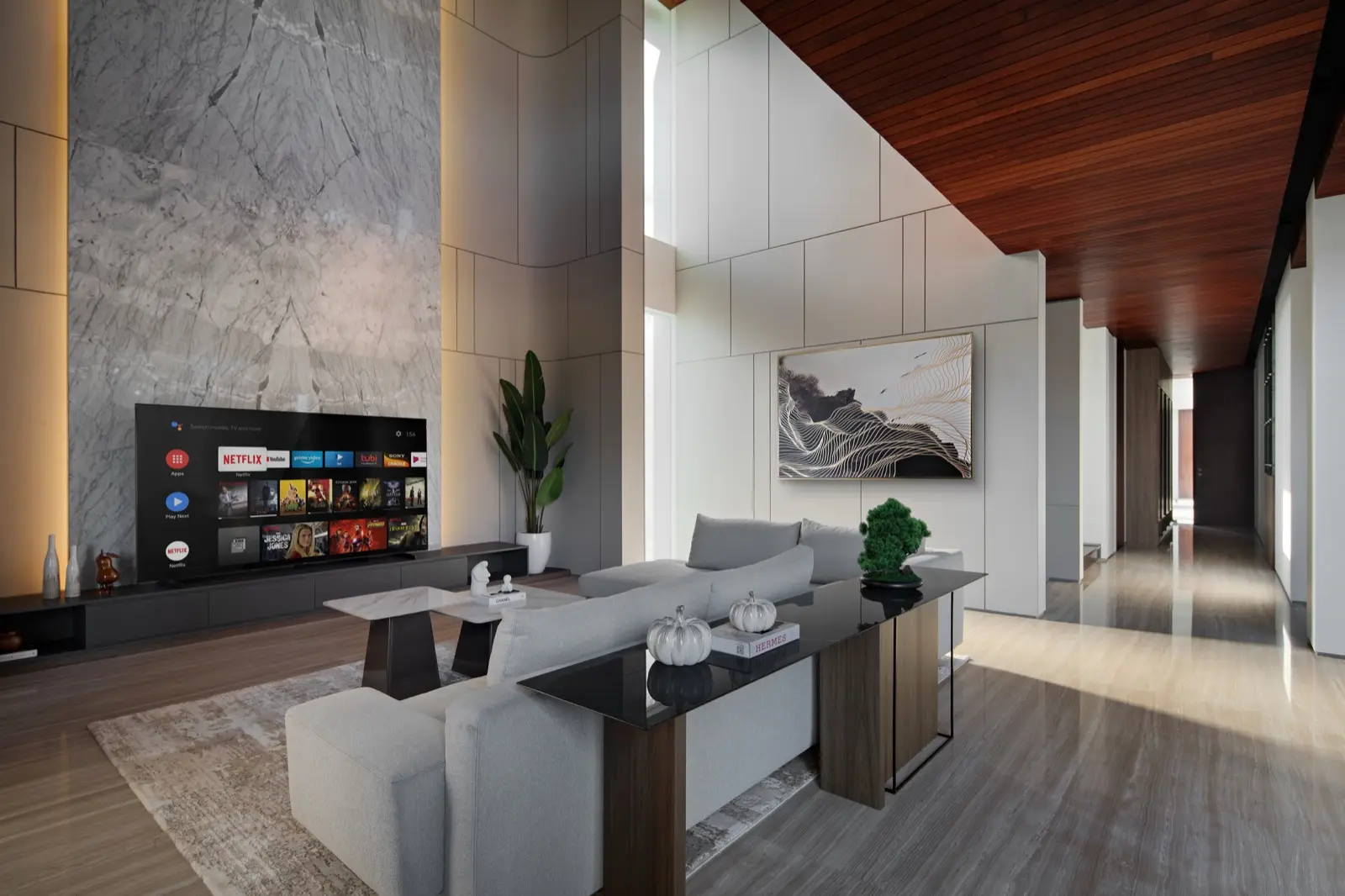 Interior living dengan plafon Merbau, Private House, Jambi